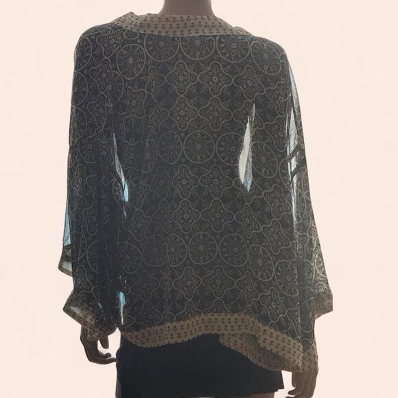 Coldwater Creek Size XL Kimono Black Cream Cardigan Geometric Floral Sheer Cape - Picture 4 of 9